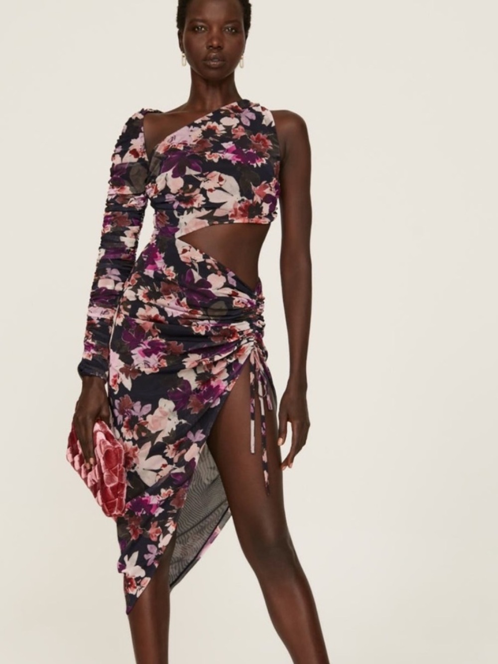 NICHOLAS: One-Shoulder Floral Cutout Midi Dress in Purple & Pink